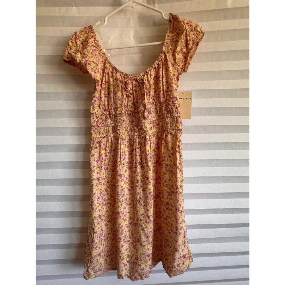 Bebop Girls Size Small Yellow Floral Print Peasant Dress Boho Tiered Sundress